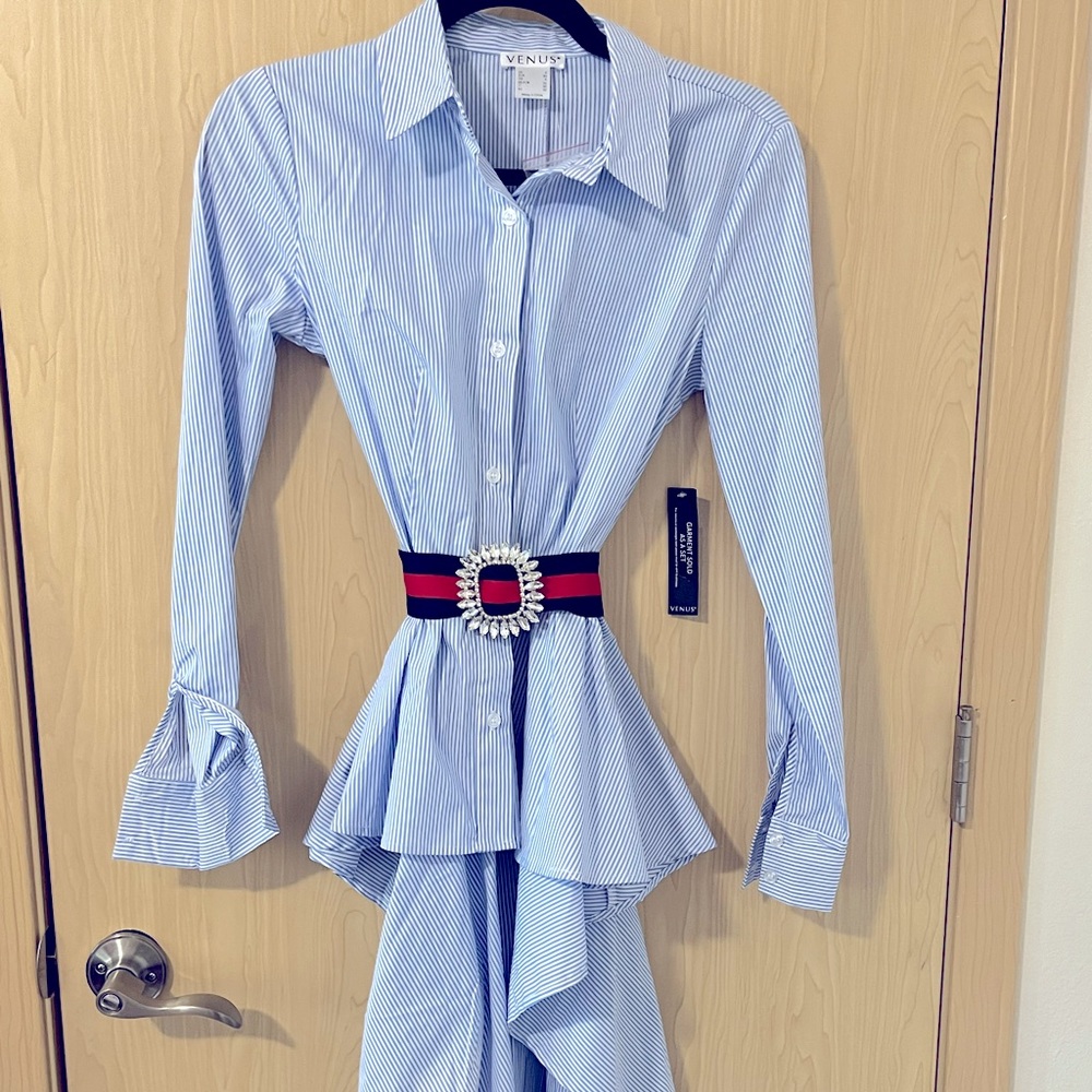 Blue striped button up with belt